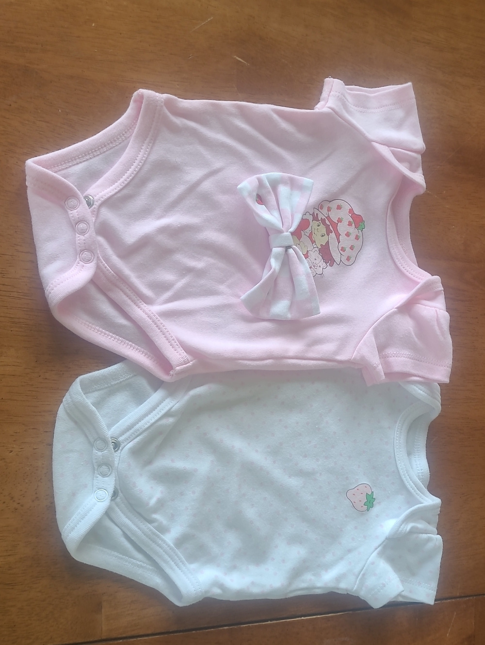 Strawberry Shortcake Bow Baby One-Piece Bodysuit Set - Pink & White